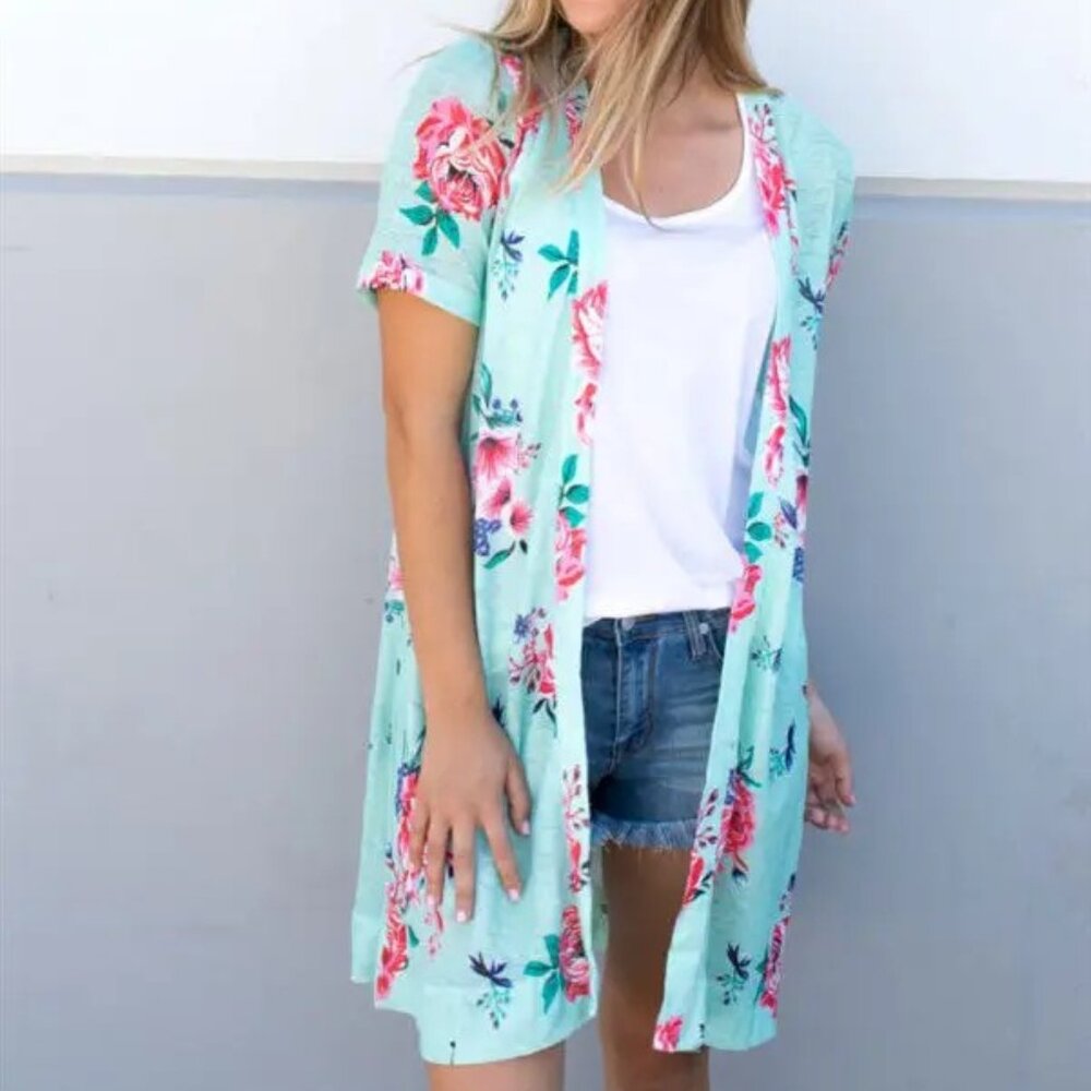 Floral Short Sleeve Sheer Knit Cardigan